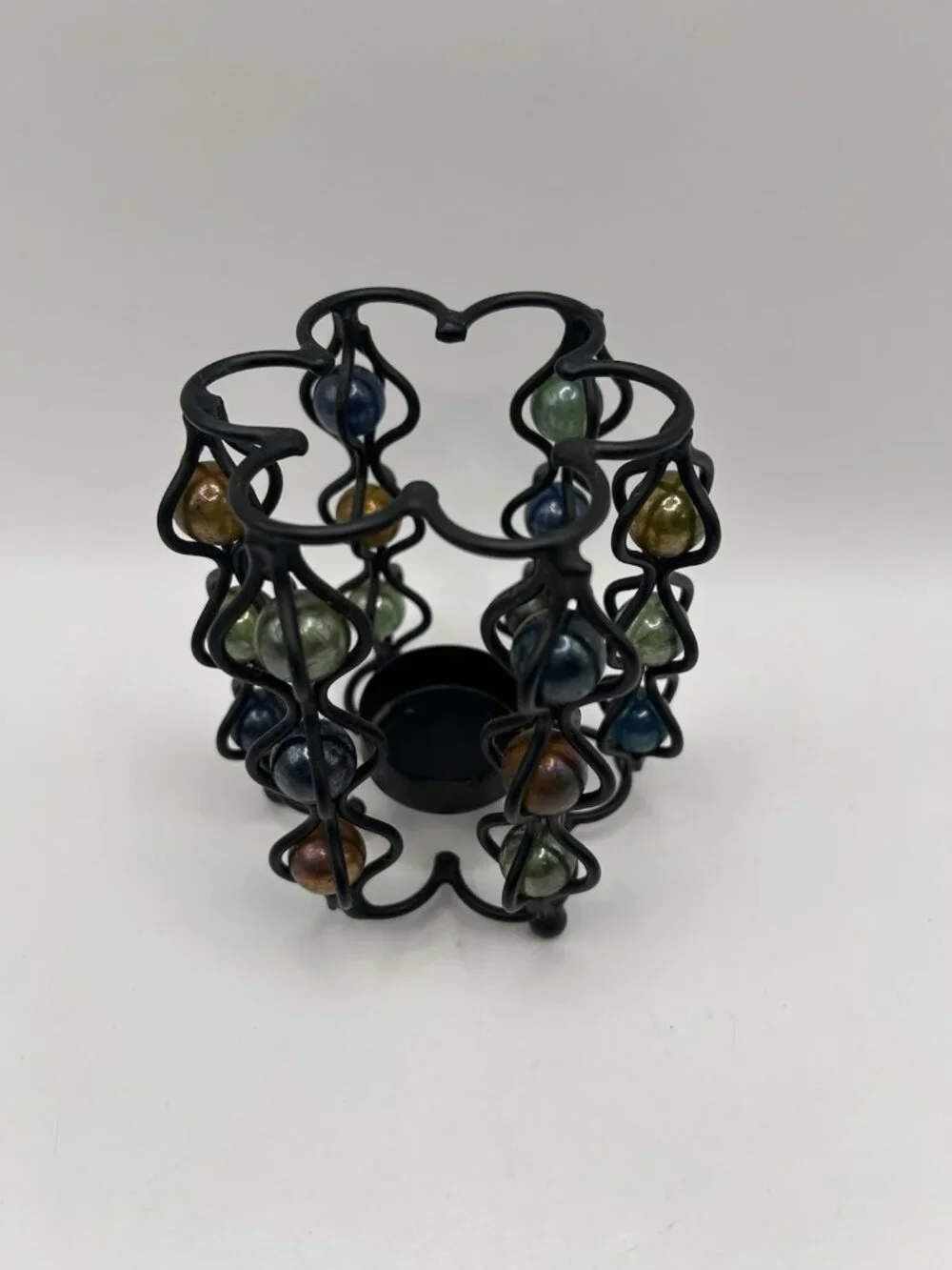 Flower Black Metal Votive Candle Holder Multicolor Glass Beads Boho Gothic Decor